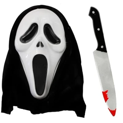 Image of BLOODY KNIFE &amp; SCREAMER DEATH MASK WITH HOOD HALLOWEEN FANCY DRESS ACCESSORY BLOOD STAINED ZOMBIE PROP