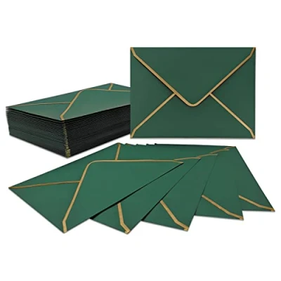 Image of 50 PCS Invitation Envelopes 18.5 x 13.5 cm, Black 5 7 Inch V Flap Mailing Card Quick Seal with Gold Border for Birthday, Weddings, Graduations, Greeting Cards