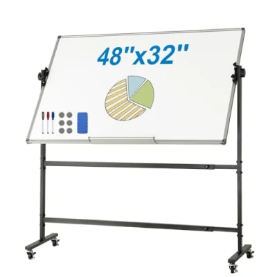 Image of VEVOR Rolling Whiteboard, 48x32 inch Double Sided Magnetic Mobile 360 Reversible Adjustable Height Dry Erase Board with Wheels &amp; Movable Tray for Office School