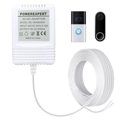 Image of 18V 500MA Nest Video Doorbell Power Supply, Transformer for Ring, Hello, Google, SimpliSafe, Ezviz, Eufy, Arlo AC Adapter Cable