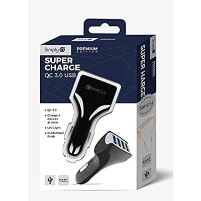 Image of Simply SUSB04 Quadruple USB QC 3.0 5v/3.1A Super Fast Charge Car Charger with LED Light Indicators for Apple Android and Other Devices