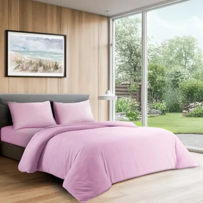 Image of LYMA Complete Bedding Set Double Plain Duvet Cover, Fitted Sheet &amp; 2 Pillow Cases 50x75CM, OEKO TEX Certified, Ultra Soft NanoPlush Brushed, Button Closure, Wrinkle Fade Resistant (Light Pink)