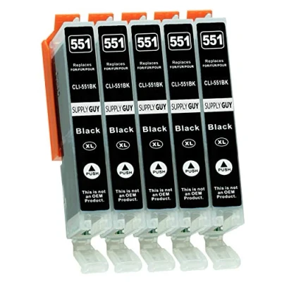 Image of Supply Guy 5 Ink Cartridges compatible with Canon CLI 551 Black Chip and Level Indicator for IP7250 IP8750 IX6850 MG5450 MG5550 MG5650 MG5655 MG6350 MG6450 MG6650 MG7150 MG7550 MX725 MX925