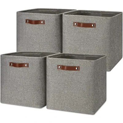 Image of Mangata Collapsible Storage Cube Boxes, Linen Woven Fabric Baskets, Closet Organizer with Leather Handles (Grey)