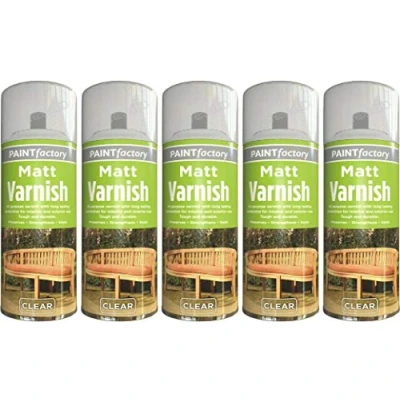 Image of Clear Matt Varnish Spray Top Coat Wood Can 250ml Pack of 5