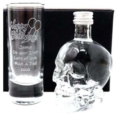 Image of Personalised Engraved Tall Shot Glass &amp; Miniature Alcohol Gift Set For Son&#039;s 18th Birthday Daughter&#039;s 21st Design (Crystal Head Vodka)