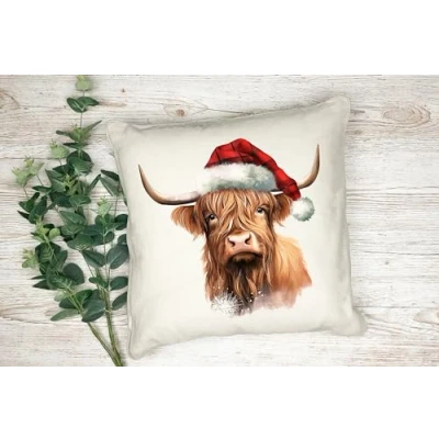 Image of Anonymous Gifting Christmas Watercolour Animals Printed Cushion Cover 40x40cm Linen style Highland Cow 2