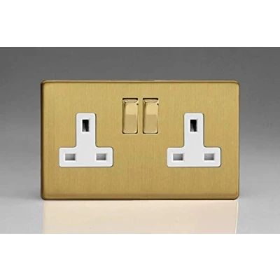 Image of Varilight 2 Gang 13 Amp Double Switched Socket Dimension Screwless Brushed Brass XDB5WS