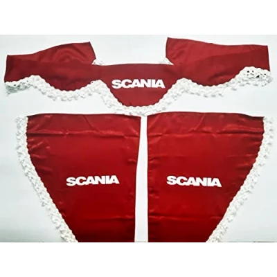 Image of Set of 3 Decorative Plush Curtains with White Tassels for Scania R S P L Trucks (Red)