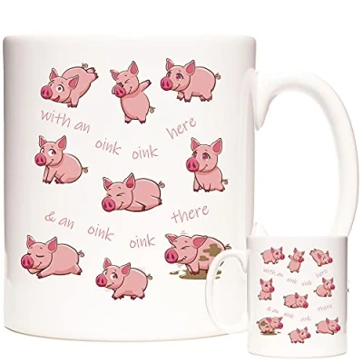 Image of KAZMUGZ Pig Mug.Oink Oink Here, Piggy Picture on 11oz Coffee Mug/Tea Cup. Gift for Keepers and Farmers