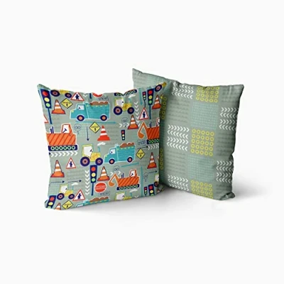 Image of Happy Linen Company Girls Boys Kids Big Digger Trucks Grey Square 43cm x Reversible Cushion Covers