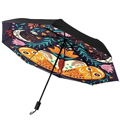 Image of GISPOG Automatic Folding Umbrella, Folk Art Colorful Moth Flowers Waterproof Compact Sun and Rain Travel Umbrellas