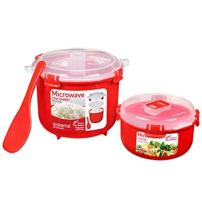 Image of Sistema Microwave Rice Cooker &amp; Round Food Container Set 2.6L, 915ml Containers with Steam Release Vents BPA Free 2 Count, red