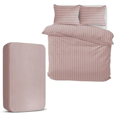 Image of MOONLIGHT20015 Double Duvet Set 4 Piece Satin Stripe Cover Sets Soft Brushed Microfiber Bedding with Fitted Sheet &amp; 2 Pillow Cases (Peach, 200x200 cm)