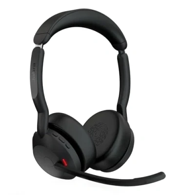 Image of Jabra Evolve2 55 Stereo Wireless Headset with Charging Stand, Air Comfort Technology, Noise cancelling Mics, and ANC Works UC Platforms such as Zoom Google Meet Black