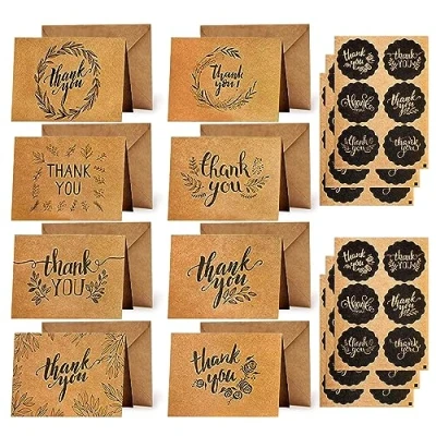 Image of Yoolly 24 Pack Thank You Cards, Greeting Cards Multipack with Envelopes and Stickers, for Teachers, Graduation, Wedding, Family, Birthday, Business (Brown Kraft)