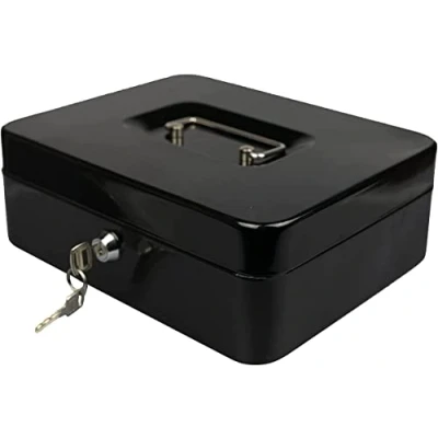 Image of Hyfive® Steel Petty Cash Box With 2 Keys/Removable Change Tray For Perfect Secure Storage in Black 12&quot;