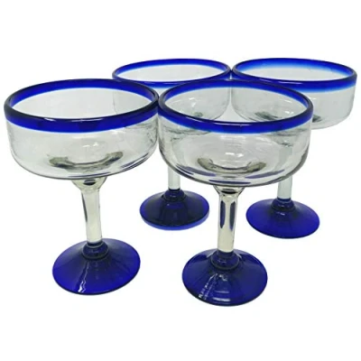 Image of Mexican Hand Blown Glass Set of 4 Margarita Glasses Cobalt Blue Rim (16 oz)