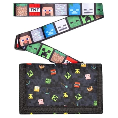 Image of Minecraft Wallet for Boys and Girls Black Pixels Video Game Money Lanyard Attached Official Merchandise