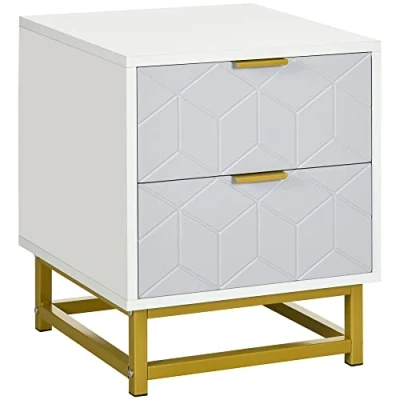 Image of HOMCOM Bedside Table with 2 Drawers, Side Table, Cabinet Steel Frame for Living Room, Bedroom, Grey and White