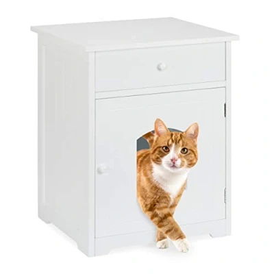 Image of Relaxdays Cat Cabinet with Drawer, Wooden Cupboard Design, Litter Box, Pet House, H x W D 63.5 52 48 cm, White