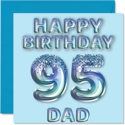 Image of 95th Birthday Card for Dad Blue Glitter Party Balloons Happy Cards 95 Year Old Father from Son Daughter, 145mm x Bday Greeting Gift