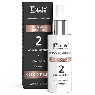 Image of Dulàc Skincare Cosmetics Anti Wrinkle Face Serum, SUPREMO Serum 30 ml, Hyaluronic Acid &amp; Vitamin C, Moisturising Firming, Elasticizing Action, Silk Proteins Aloe Vera, 100% Made in Italy