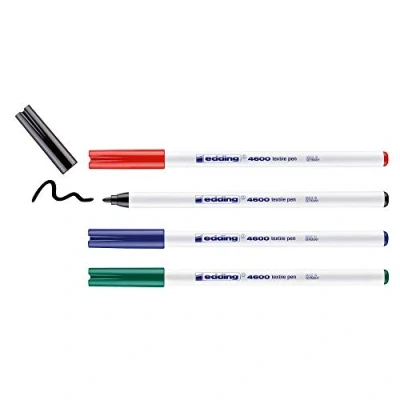 Image of edding 4600 textile pen black, red, blue, green set of 4 round nib 1 mm permanent fabric pens for drawing on textiles, wash resistant to 60 C