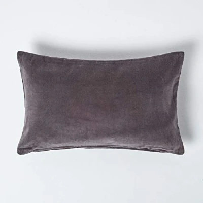 Image of HOMESCAPES Dark Grey Velvet Cushion Cover Super Soft Cotton Luxury Scatter Rectangle Plain Charcoal Accent Throw Pillow for Sofa and Bed Decoration with Hidden Zipper, 30 x 50 cm