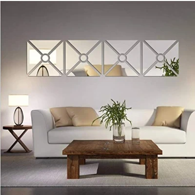 Image of 3D Mirror Wall Stickers, 4 Pcs Acrylic Square Geometric Pattern DIY Art Decals, Self Adhesive Plastic Sheet Tiles Home Decoration for Living Room Bedroom Stair Decor (Triangle 4pcs)