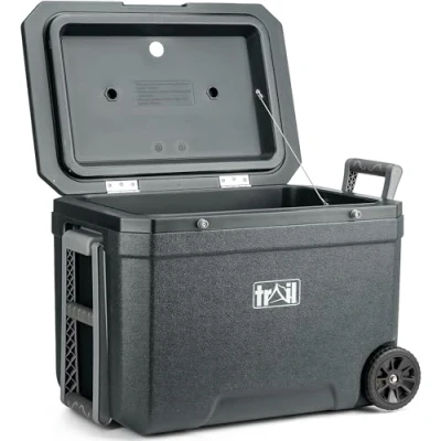Image of Trail 45L Cool Box on Wheels, Wheeled Insulated Hard Cooler for Hot Cold Food Drink, Picnic Camping Beach, 2 Cup Holders, BPA HDPE Free Liner, 72hr Max Cooling (54.5cm x 36cm 42cm)