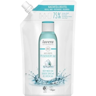 Image of lavera Refill Bag Shower Basic Sensitive 2 in 1 Organic Aloe Vera &amp; Vegetable Keratin Natural Cosmetics Vegan Gel pH Neutral Cleans Skin Hair Especially Gently x 500 ml