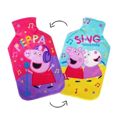 Image of Disney Reversible Hot Water Bottles Peppa Pig Plush Cover Natural Rubber 2L Capacity Musical Design