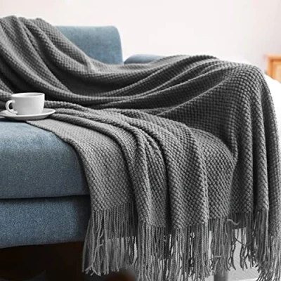 Image of LumiSyne Knitted Throw Blanket With Tassel Solid Color Grain Texture Cozy Fluffy Warm Soft Throws Decorative Blankets For Settee Armchair Couch Bed Office 230x130cm