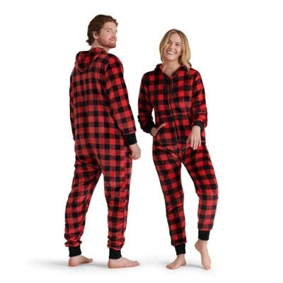 Image of Hatley Little Blue House Women&#039;s Hooded Fuzzy Fleece Family Jumpuits Onesie, Red (Adult Jumpsuit Plaid), Small, US6PLAD002
