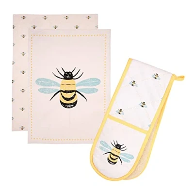 Image of Auntie Morags Dexam Bees Knees Double Glove &amp; Tea Towels Set