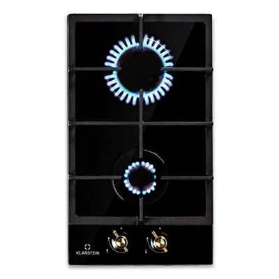 Image of Klarstein Victoria Gas Hob, Built in, Sabaf Burner, Natural Gas/Propane, Safety Valves, Automatic Switch off, Cast Iron Pan Supports, Glass Ceramic Retro Look, 2 Flames, Black