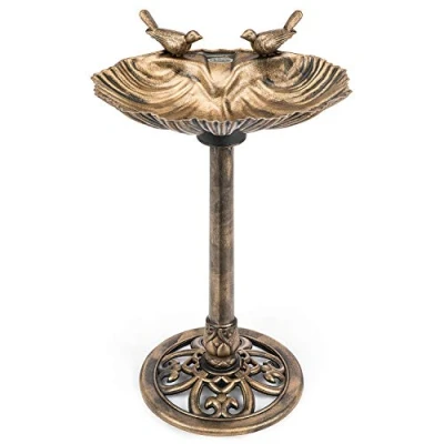 Image of CHRISTOW Plastic Resin Bird Bath for Garden, Clam Shell Pedestal Birdbath, Traditional Style, Rustic Metal Effect, Standing Outdoor Water Bowl Feeder, 80cm x 50cm 38cm (Bronze)