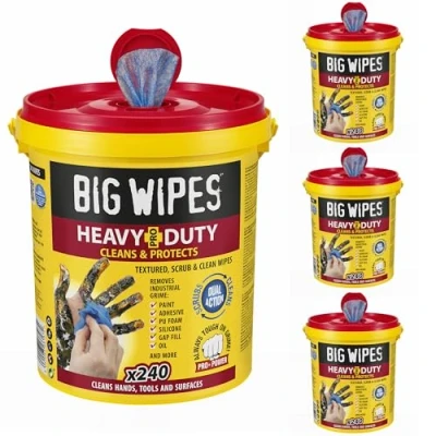 Image of Big Wipes Heavy Duty Pro+ Wipes, Case of 4 Buckets (x960) Textured Dual Sided Hand with Skincare Cleans Hands, Tools &amp; Surfaces. Industrial Cleaning Products for Tradespeople