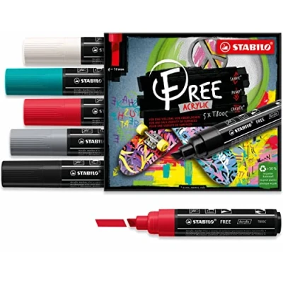 Image of Acrylic Marker STABILO FREE T800C 4 10 mm Bullet Tip Bold Wallet of 5 Assorted colours