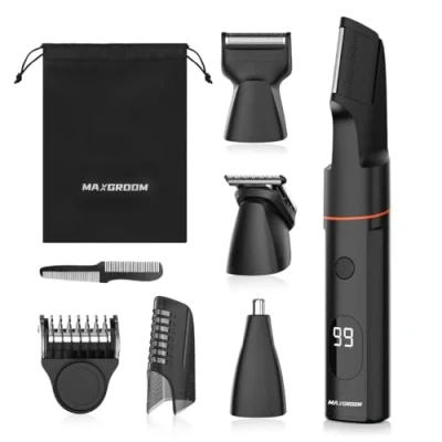 Image of Body Hair Trimmer Men, MAXGROOM 4 in 1 Electric Groomer Beard Men with Nose Trimmer, Rechargeable Manscape Razor for Body, Private Parts, Beard, Back, Pubic (Black 1)