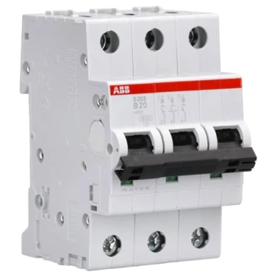 Image of ABB S203 B20 Miniature Circuit Breaker, 3 Pole, Type B, 6/10kA Breaking Capacity, 20 Amp Current (2CDS253001R0205)