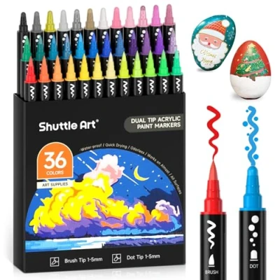 Image of Shuttle Art Dual Tip Acrylic Paint Pens, 36 Colours Dot &amp; Brush Marker Pens for Rock Painting, Ceramic, Wood, Fabric, Glass, Pen Set Kids Adults on Christmas Easter