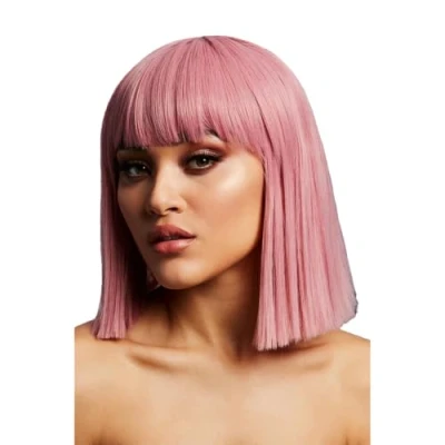 Image of Smiffys Fever Lola Wig, Ash Pink Blunt Cut Bob with Fringe, 30cm/ 12in, Wigs Fancy Dress, Dress Up