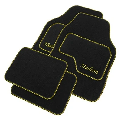Image of JVL Personalised Universal Black Carpet Car Mat Set with Yellow Embroidered Front Mats