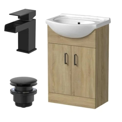 Image of Affine® 560mm Bathroom Vanity Unit Ceramic Sink Floorstanding Storage Cabinet Cupboard &amp; Black Waterfall Basin Tap Waste Set, Oak Effect
