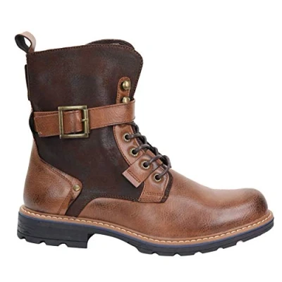Image of Mens Boots Black Tan Motorcycle Punk Rock Casual Laced Buckle Leather Vintage Camel 8