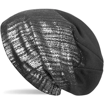 Image of styleBREAKER Warm fine Knit Beanie with Metallic Print and Fleece Lining, Slouch Long Beanie, Unisex 04024132, Colour:Dark Grey/Silver