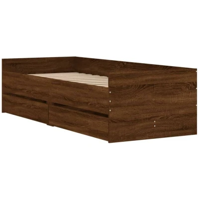 Image of vidaXL Small Single Bed Frame with Drawers Brown Oak Engineered Wood Bedroom Furniture, 75x190 cm Storage Space Saving Design, Modern Plywood Slats