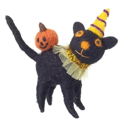 Image of Heaven Sends Felt Halloween Cat with Pumpkin and Tutu Decoration Black 12cm x 10cm 3.5cm Witch Themed Décor Perfect for Home, Kitchen, Living Room, Tabletop
